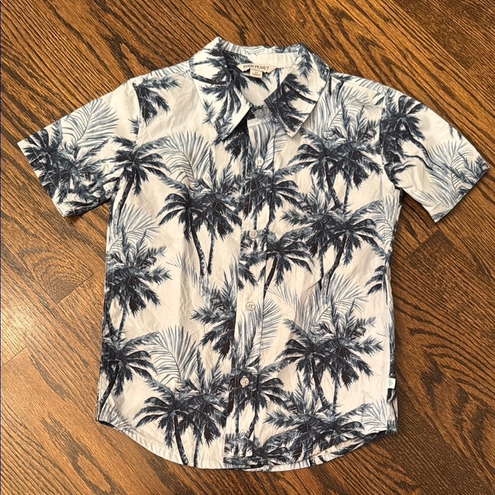 Posh Peanut Poplin Button Down Shirt- Russell (Blue Palm Tree Print)